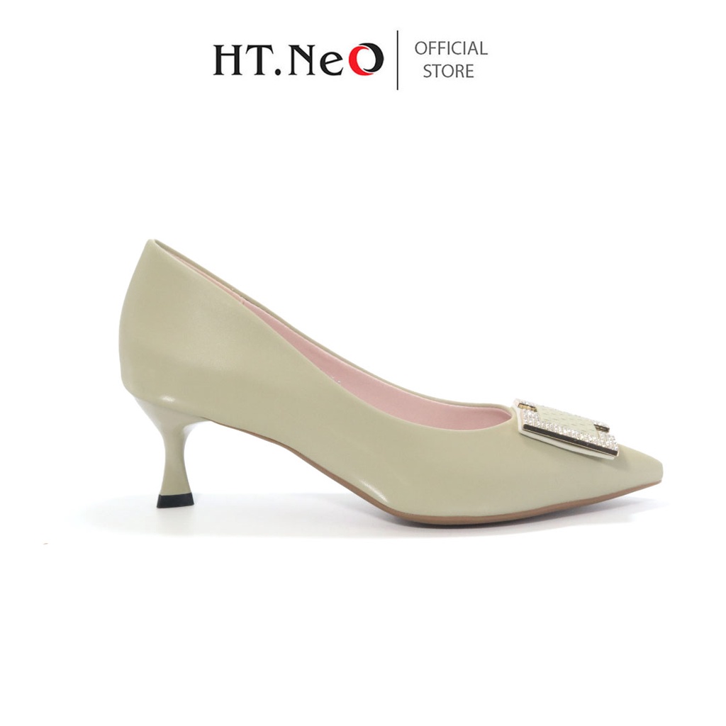 Giày công sở - Giày cao gót nữ HT.NEO da bò thật êm mềm ,gót cao đến 5cm ,thiết kế nơ vuông đính đá sang trọng ,lịch sự
