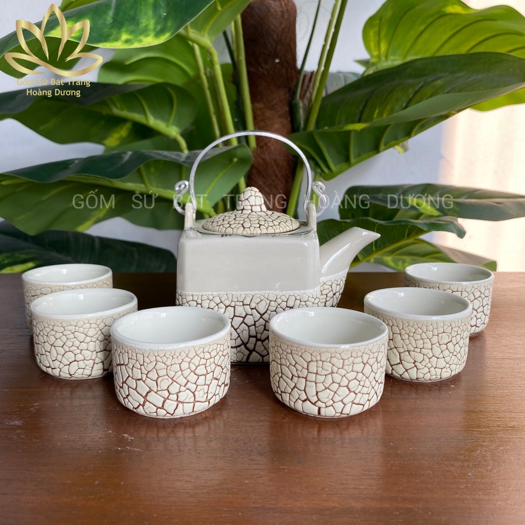 Bộ ấm chén Bát Tràng men rạn dáng vuông màu trắng dung tích 300ml