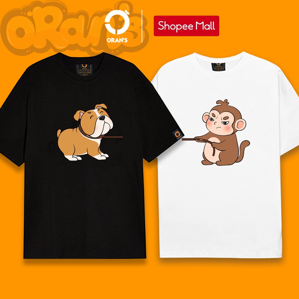 Áo gia đình in hình con khỉ kéo con Bull 07 tay lỡ Oversize chất COTTON 4C, FULLBOX ORANS COUPLE TEE - ORAN'S