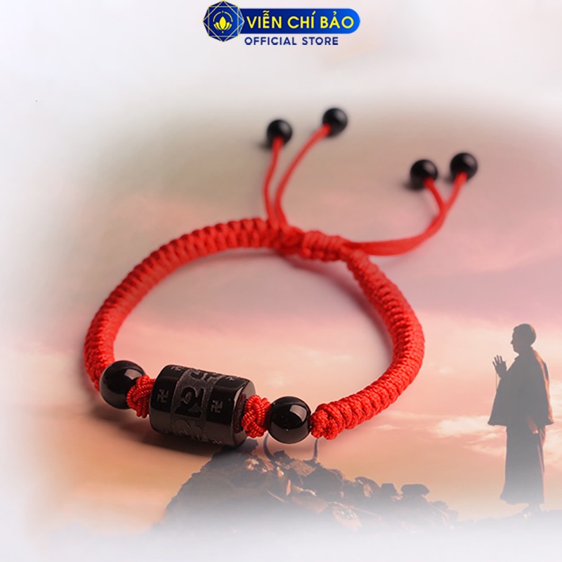 Vòng chỉ tay trụ lục tự đen dây vải đỏ chất liệu đá tự nhiên thời trang phụ kiện trang sức Viễn Chí Bảo V000196