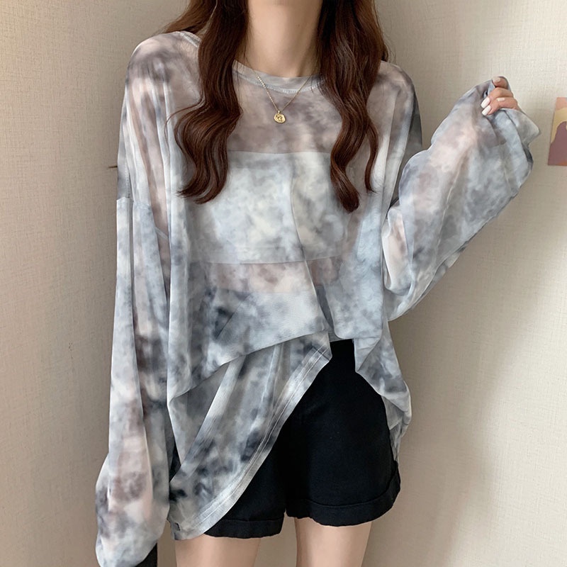 Áo Thun Nữ Tay Dài Dáng Rộng Màu Nhuộm Trong Suốt Thời Trang