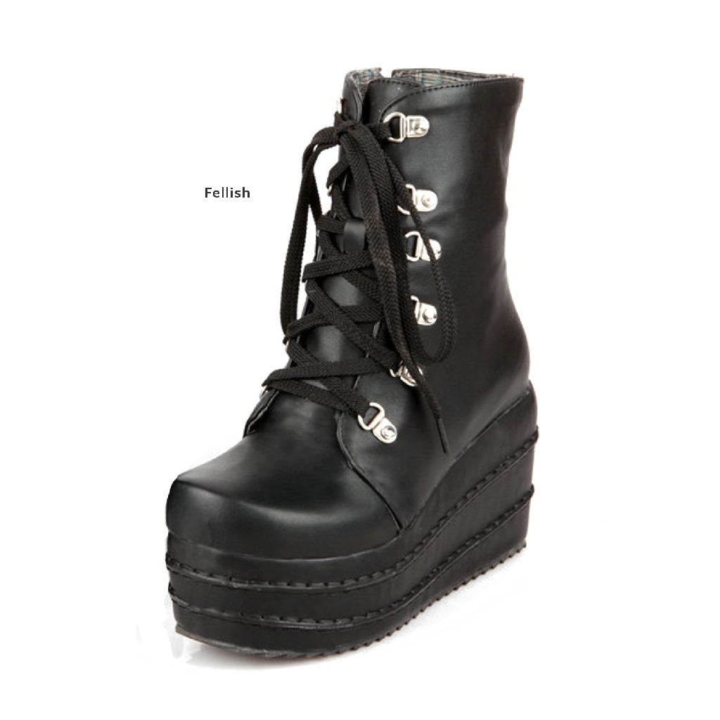 [Fellish] Womens Chunky Platform Wedge Boots Punk Goth Combat Ankle Booties 436VN