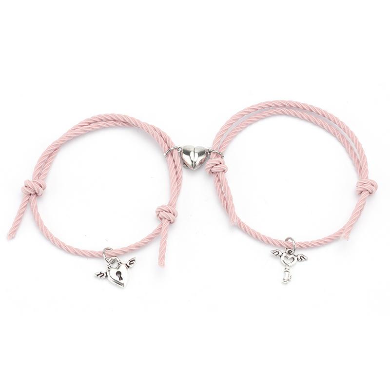 Set 2 vòng tay bện dây mặt khóa nam châm hình trái tim / ổ khóa và chìa khóa thời trang cặp đôi cho nam và nữ
