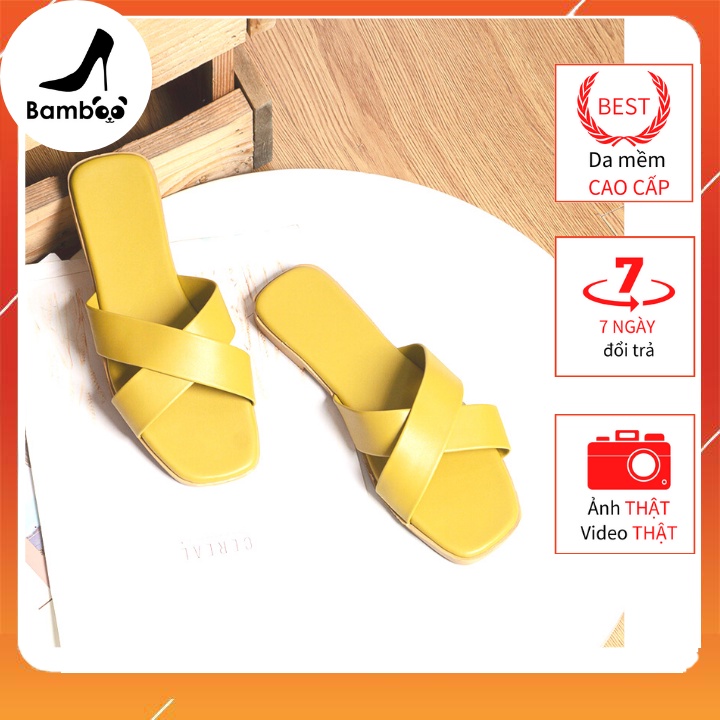 DE029 Dép sandal đế bệt đan chéo da đẹp xuất khẩu thời trang cao cấp màu vàng