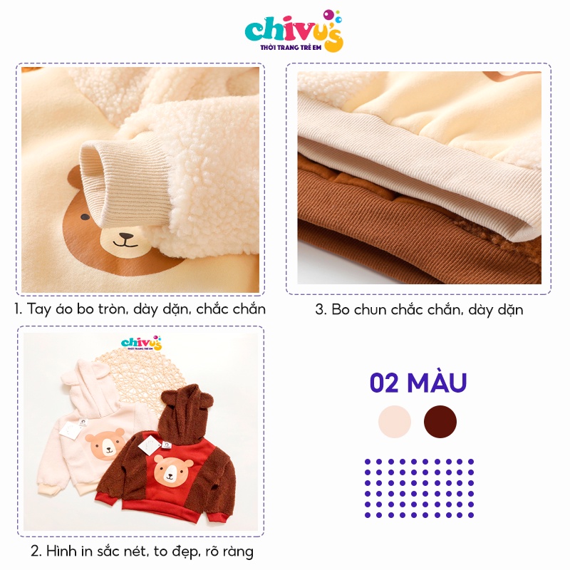 Áo khoác lông cho bé hoạ tiết mặt gấu có mũ CHIVU'sKID áo khoác cho bé trai bé gái ấm áp dễ thương