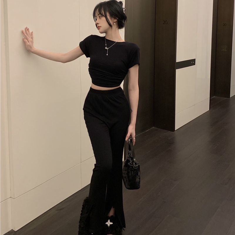 COZOK Set Áo Thun Tay Ngắn Hở Lưng + Quần Dài Lưng Cao Thời Trang Nữ