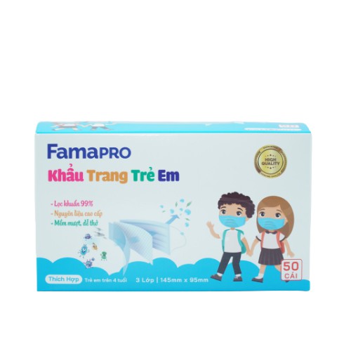 Thùng 50 hộp Famapro max kids trẻ em từ 4-10 tuổi Khẩu trang y tế kháng khuẩn 3 lớp (50 cái/hộp)