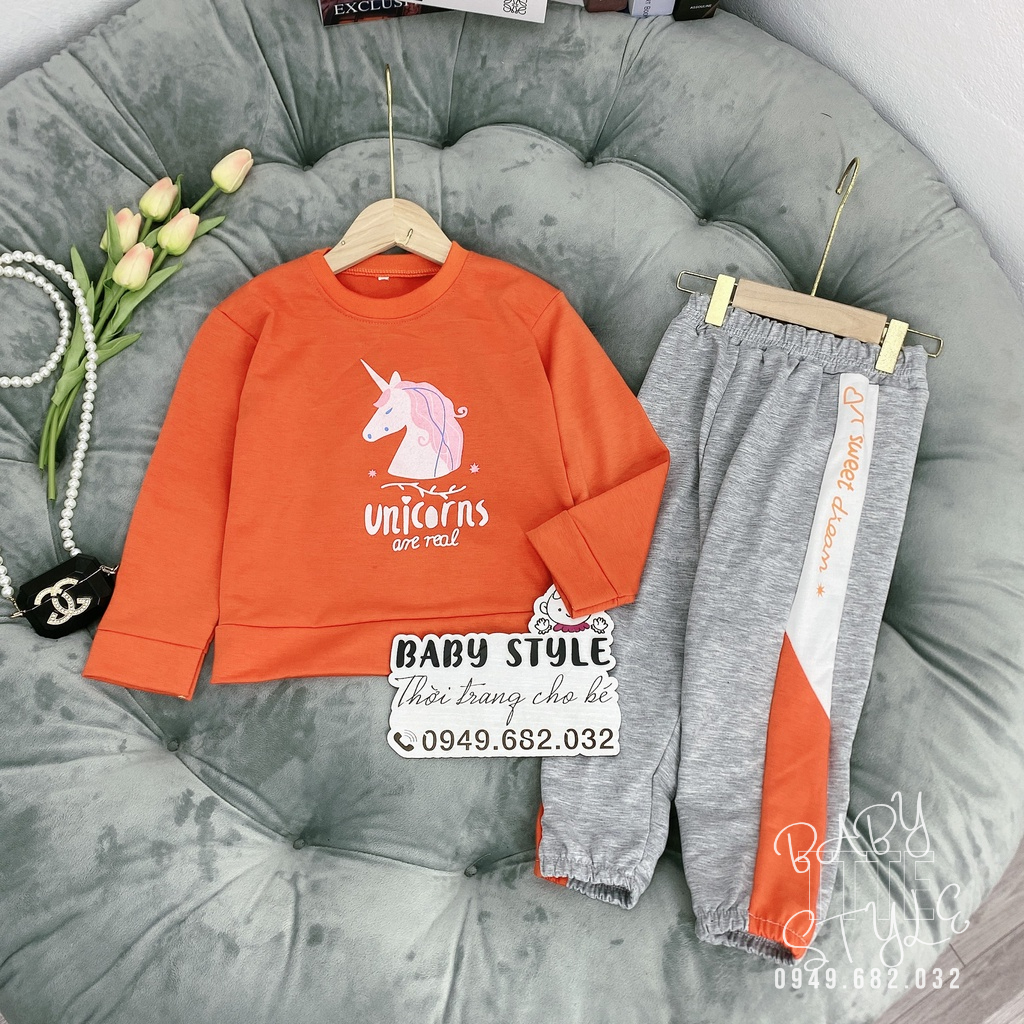 Bộ quần áo thu đông dài tay &quot;UNI&quot; 14-45kg cho bé gái 4-14 tuổi. Vải da cá dày dặn. Thoải mái. G45