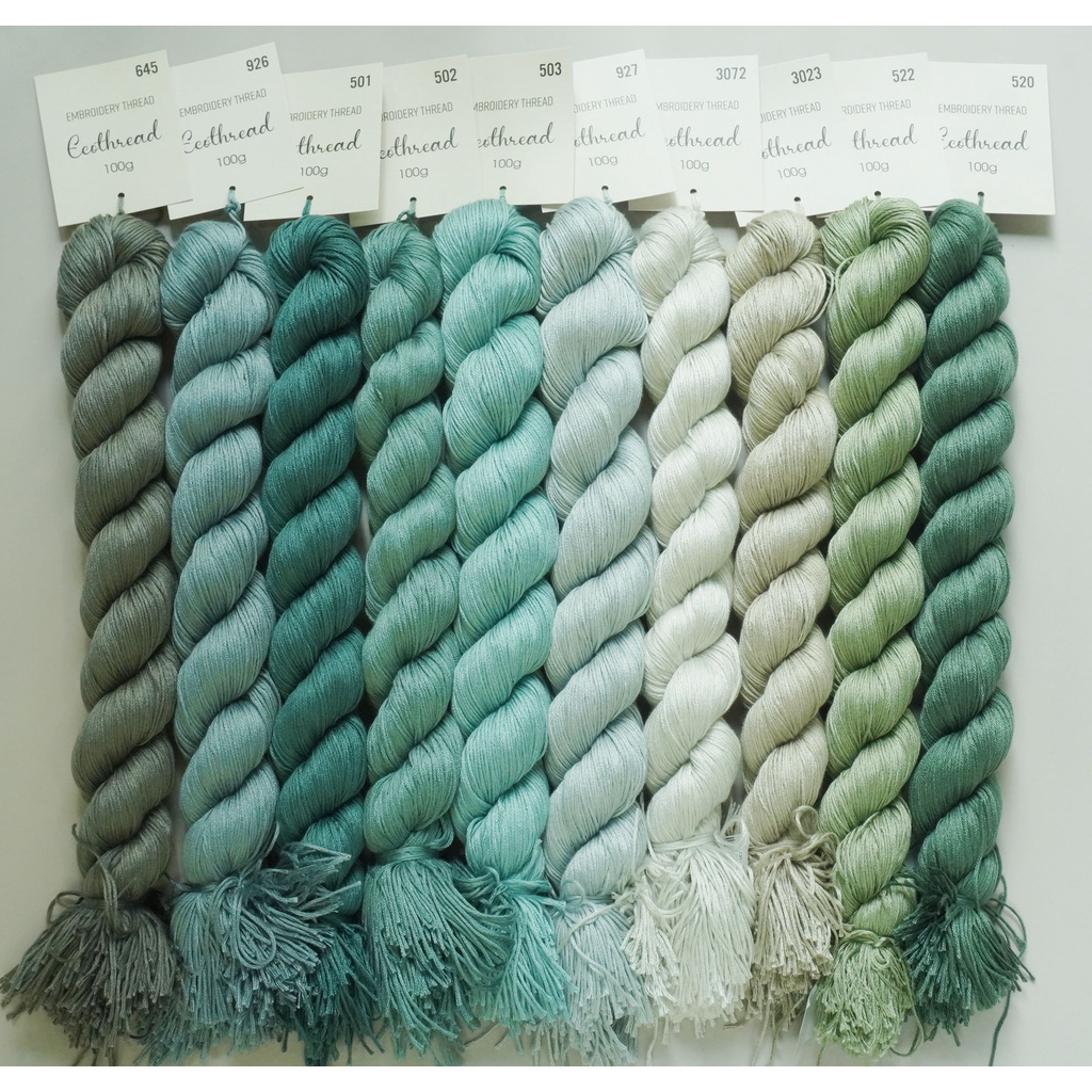[Bảng 2/6] Chỉ thêu Eco-thread Tiệm tạp hóa nhà May nhuộm sinh học (giá 1 bó 100g) bảng màu xanh rêu - xanh ngọc