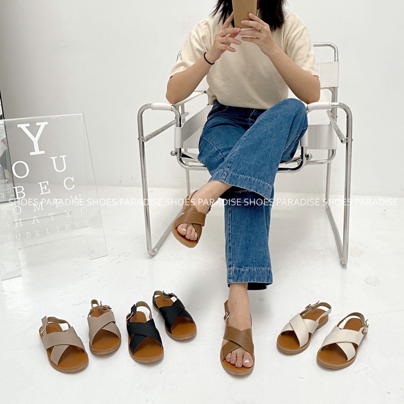 SANDAL CHÉO DA BÒ THẬT SANDAL NỮ ĐẾ BỆT SHOES PARADISE