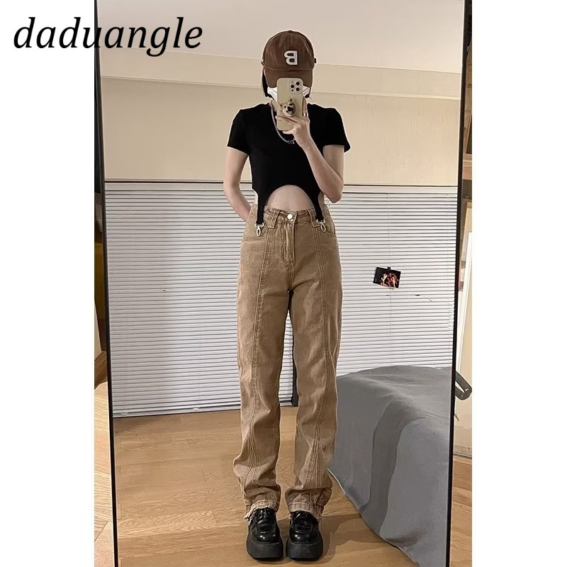 Daduhey Quần dài denim lưng cao ống suông thẳng dáng rộng phong cách retro cổ điển kiểu Mỹ cho nữ