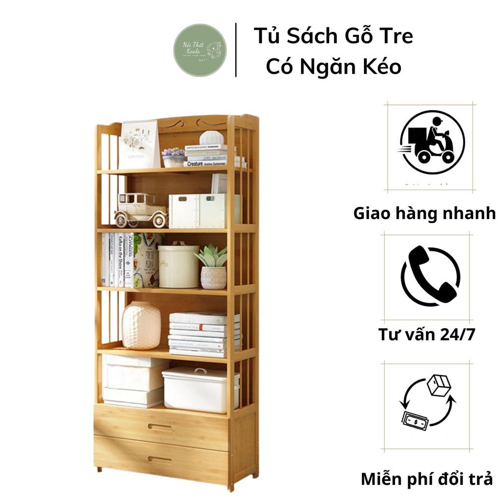 Kệ sách tre hiện đại 6 tầng 80 cm tủ để đồ decor có ngăn kéo