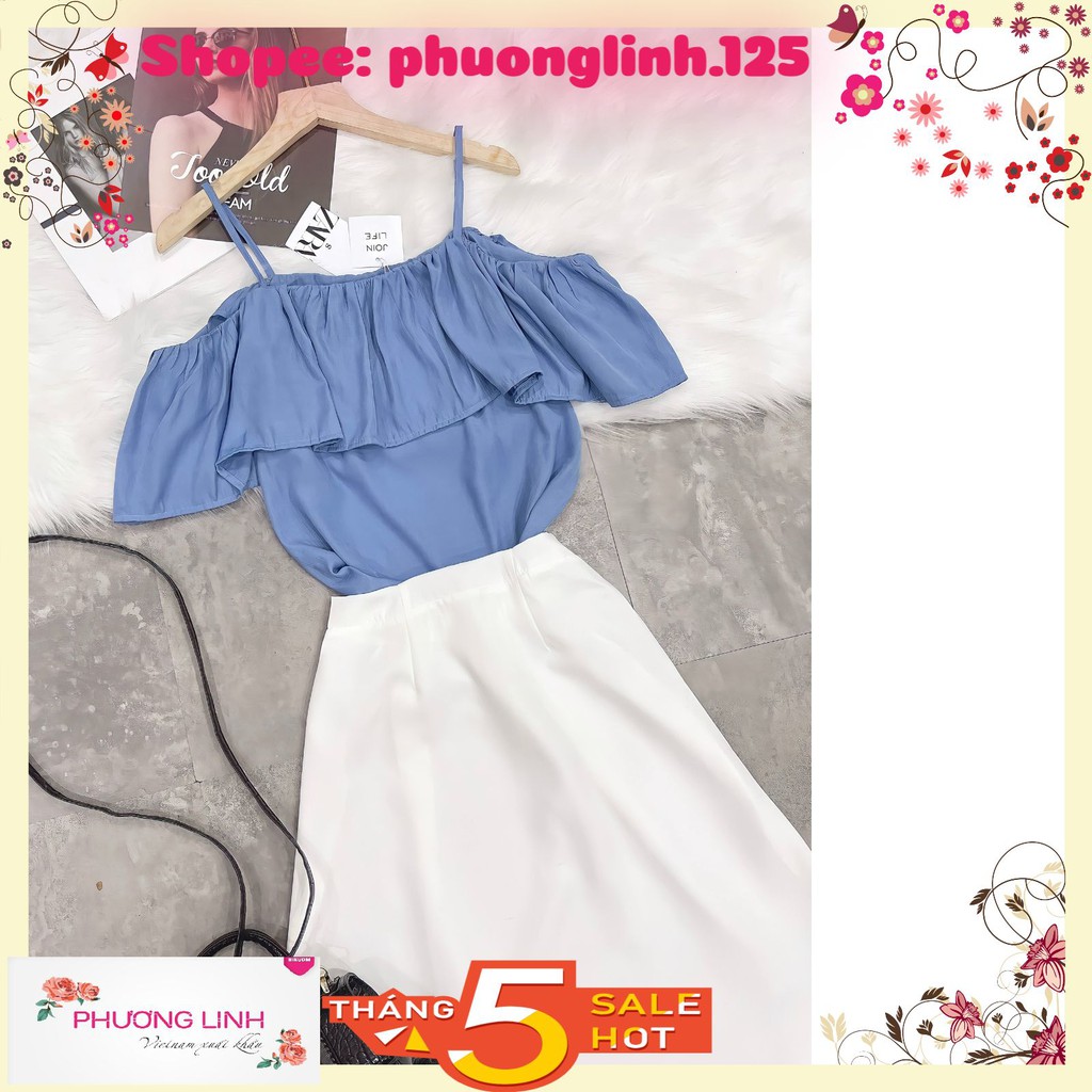 SET ÁO XANH 2S TRỄ VAI BÈO CHÂN VÁY TRẮNG | BigBuy360 - bigbuy360.vn