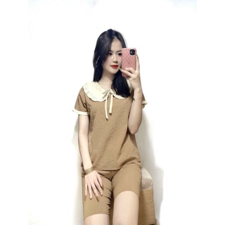 Sét đồ bộ nữ, Áo cổ sen tiểu thư đính nơ xinh xắn, Quần lửng bo chun eo