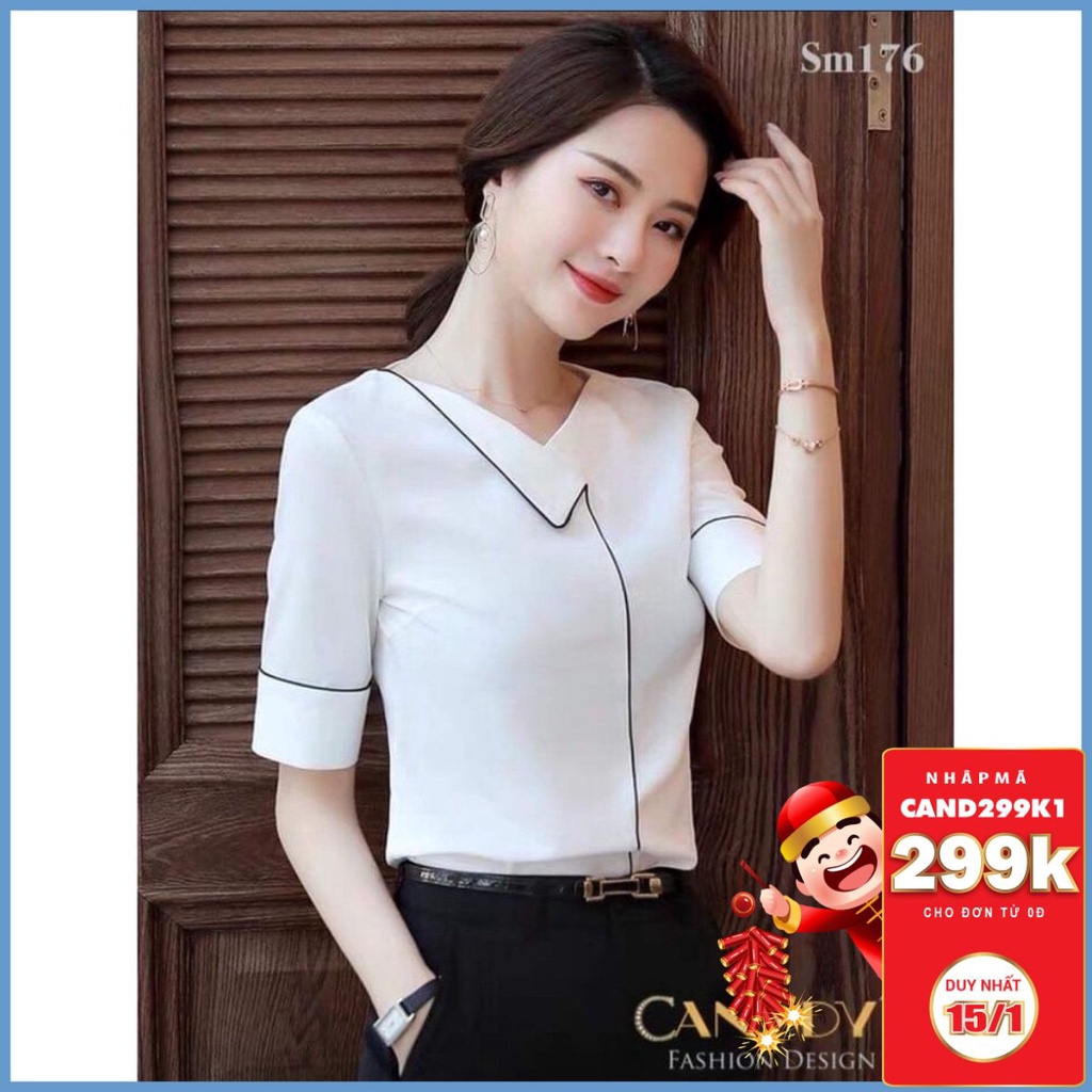 Áo Sơ Mi Nữ Ngắn Tay Màu Trắng  Kiểu Cổ Đáp Viền Đen SM176 - Hàng VNXK - Candy Fashion