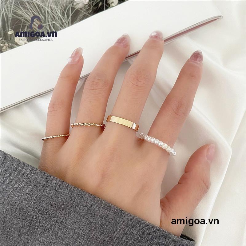 ✨✨Set 4 chiếc nhẫn bằng kim loại đính ngọc trai thiết kế hình học đơn giản thời trang Hàn Quốc