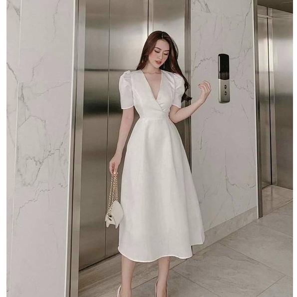 Đầm Dự Tiệc Cổ Tim,Váy Dáng Xòe Thiết Kế Tay Bồng Cao Cấp Kèm Tag Hoa  Tiểu Thư Dạo Phố ( Chất Liệu Tapta full 2 Lớp) Mp