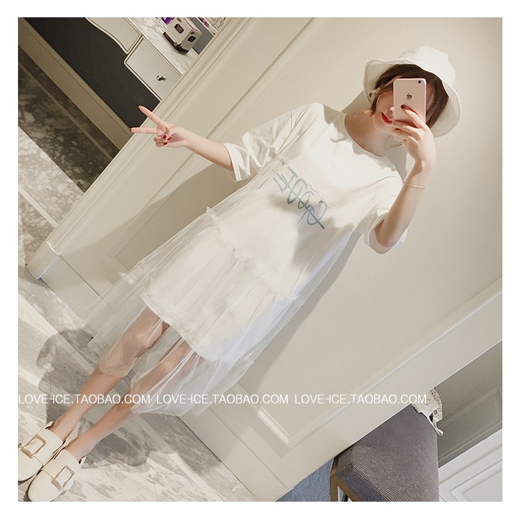 Đầm bầu, váy bầu thun cotton in họa tiết kết hợp ren bên ngoài 2019 A234