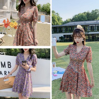 Váy hoa xòe cổ chữ V buộc nơ eo chất đũi phong cách Hàn Quốc