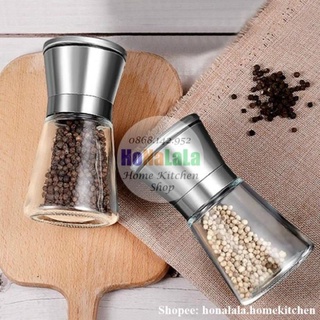 Hũ đựng tiêu thủy tinh nắp Inox cao cấp, Dụng cụ xay tiêu cầm tay nắp inox, cối xay tiêu đa năng