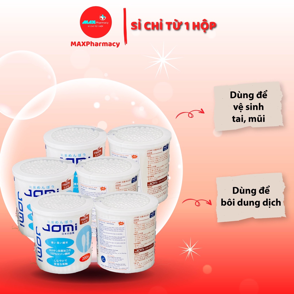 10 HỘP Tăm Bông Ngoáy tai Kháng khuẩn JOMI người lớn 1 đầu tròn 1 đầu xoắn 200 cây - Maxpharmacy
