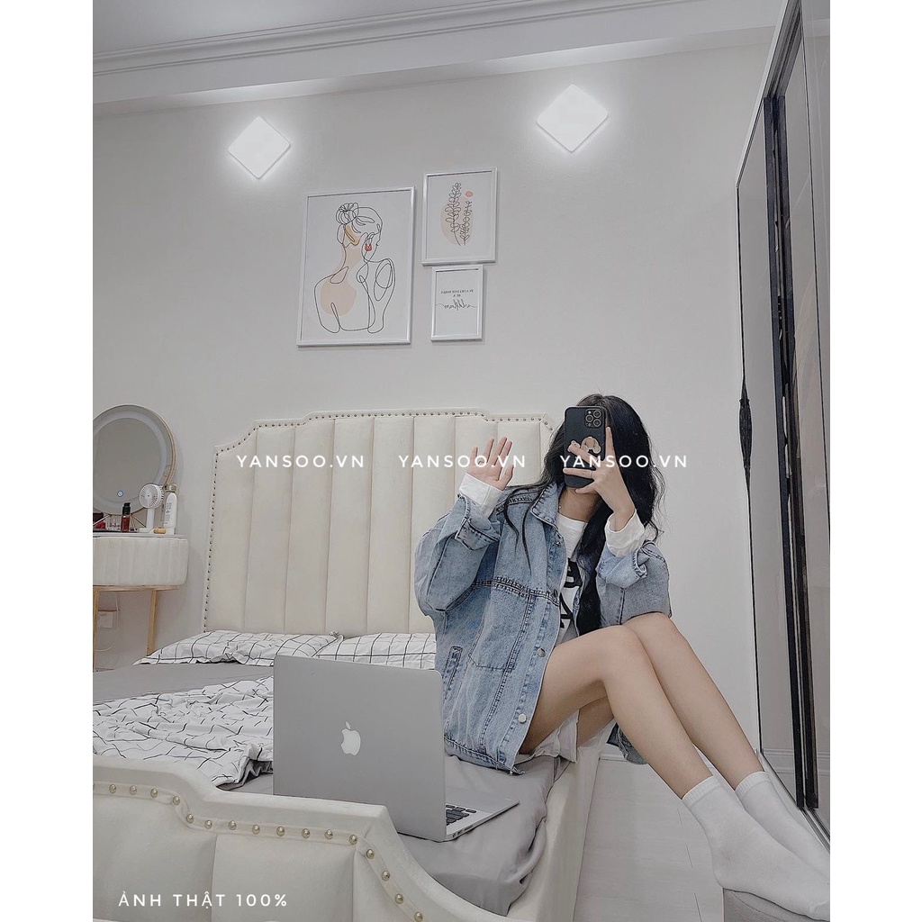 Áo khoác jean nữ from rộng túi trước , áo khoác bò denim xanh nhạt tay dài Quảng Châu chất dày dặn đẹp YANSOO