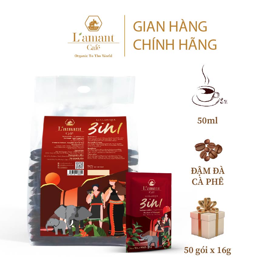 Cà phê hòa tan L'amant 3in1 vị sữa đá nguyên chất thơm ngon (50 gói sachets x 16gr)