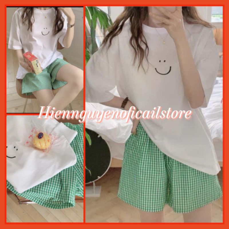 🌸Bộ Ngủ áo thun from rộng tay lỡ quần kẻ xanh cá tính
