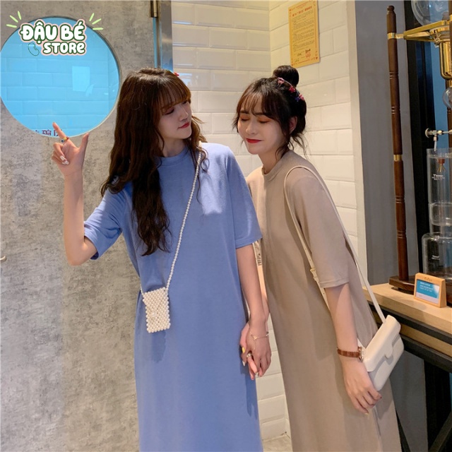 Váy Thun Suông Dáng Dài Màu Trơn Cổ Tròn Ulzzang - Đầm Xuông Nữ Form Rộng Tay Lỡ Thoáng Mát Năng Động - Daube - V002