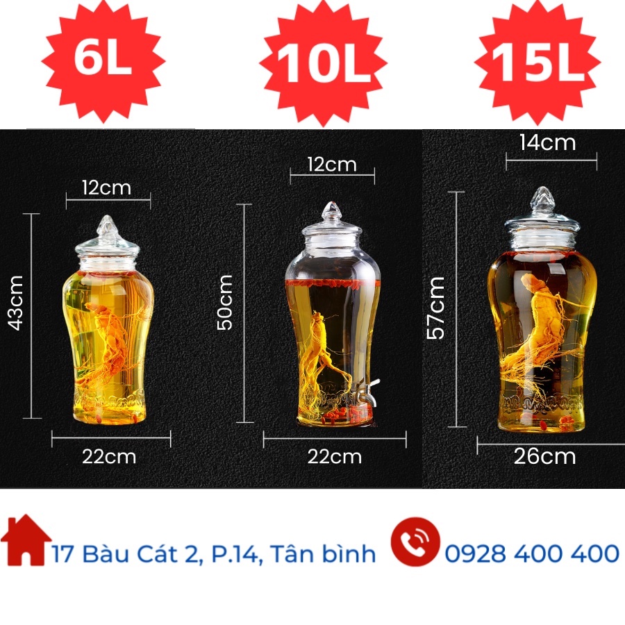 Bình Ngâm Rượu Thủy Tinh 6 Lít 10 Lít 15 Lít Eo Trơn Không Van/Có Van. Bình Đựng Rượu Thủy Tinh Có Vòi/Không Vòi Bao Đẹp