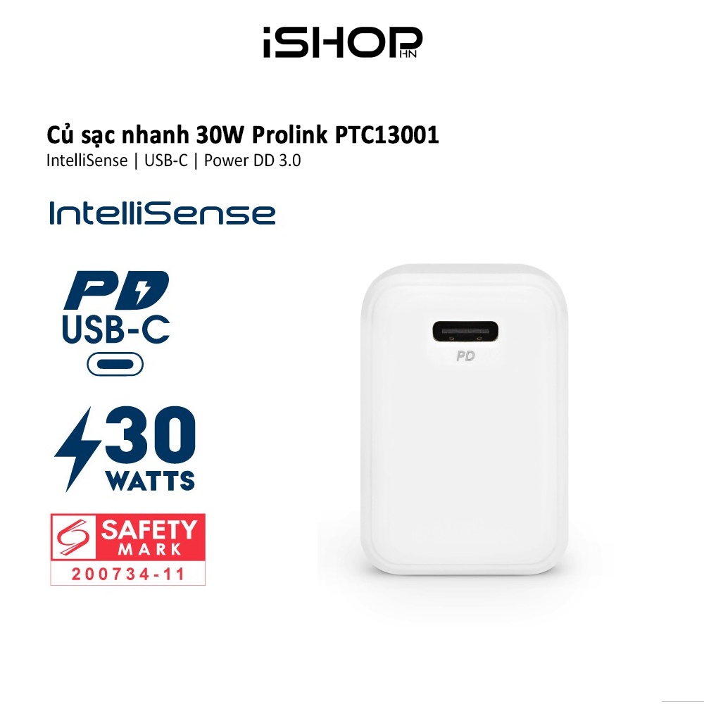 Củ sạc nhanh 30W Prolink PTC13001, 1 cổng USB-C, IntelliSense, PD 3.0, sạc nhanh cho điện thoại, máy tính bảng
