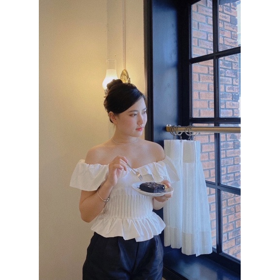 Áo trễ vai tay bồng xếp li eo siêu tôn dáng siêu xinh, áo tiểu thư nhẹ nhàng