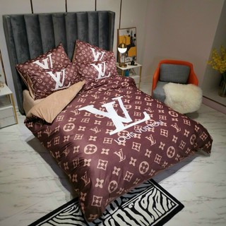 Bộ Chăn Ga Gối Ni Nhung Thương Hiệu LV  Nâu