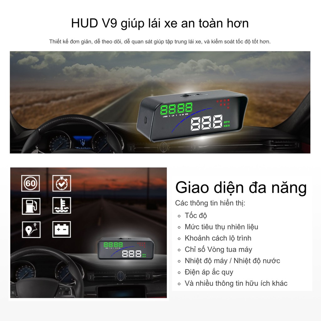 Màn Hình HUD VIETMAP HUD V9 | Hiển Thị Thông Tin Trên Kính Lái Ô Tô | Phụ Kiện Ô tô | Hàng Chính Hãng