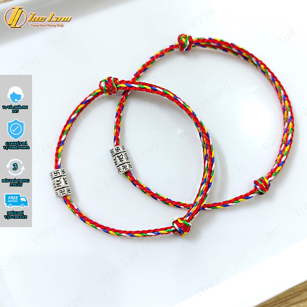Vòng tay may mắn dây chỉ ngũ sắc phật giáo mix charm ống trụ ngắn khắc chú bình an - Tuệ Lâm