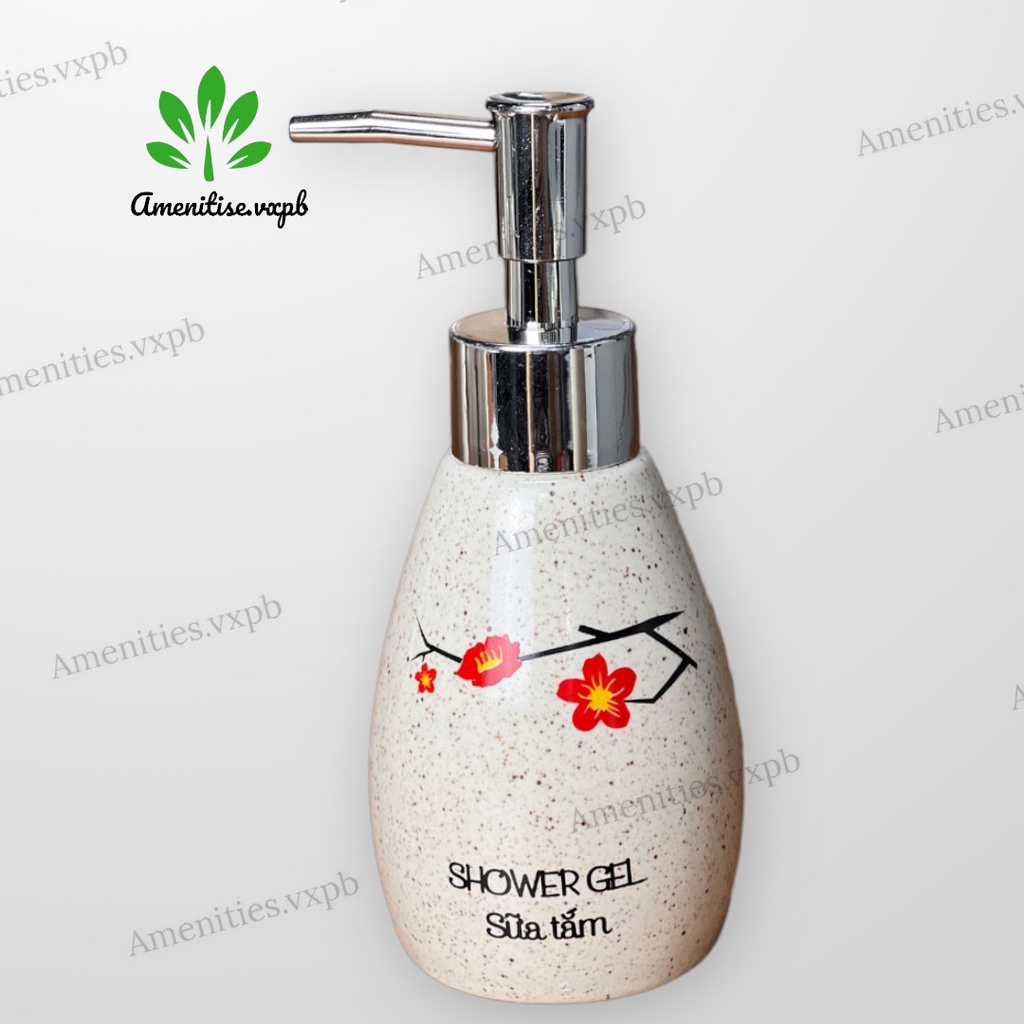 HỎA TỐC - Bình gốm dáng xoài hoa đào đưng sữa tắm, dầu gội, dầu xả, nước rửa tay, cốc đánh răng cho phòng tắm