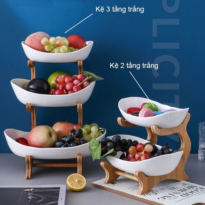 Khay đựng hoa quả 3 tầng  bằng sứ, khung tre có màu trắng và xanh cổ vịt - khay đựng hoa quả giá rẻ mẫu mới 2021