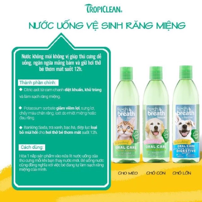 TropiClean - Nước uống vệ sinh răng miệng bổ sung thực phẩm chức năng cho chó mèo 473ml