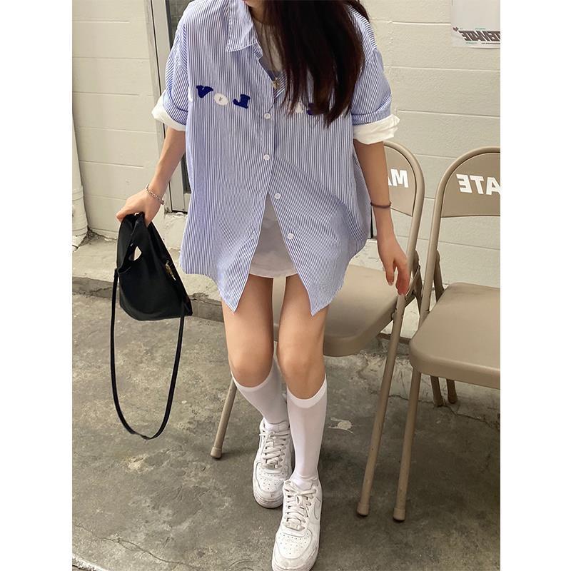 IMAODOU  Áo sơ mi  mỏng tay ngắn dáng rộng họa tiết kẻ sọc phong cách Hồng Kông thời trang mùa hè cho nữ 2023