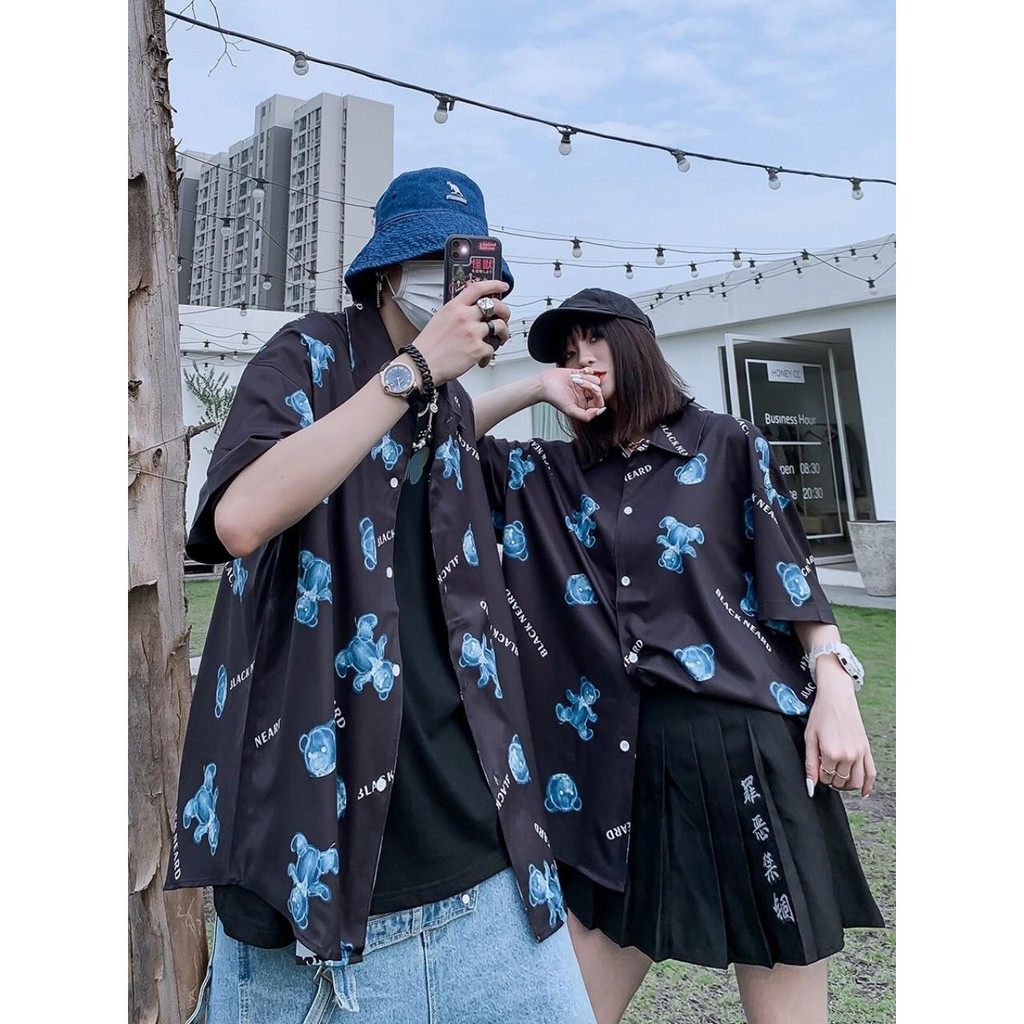 Áo sơ mi nam nữ oversize hình GẤU XANH đen