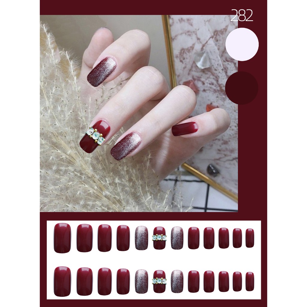 Bộ 24 móng tay giả Nail Nina hoạ tiết hạt vàng pha lê đỏ mã 282【Tặng kèm dụng cụ lắp】