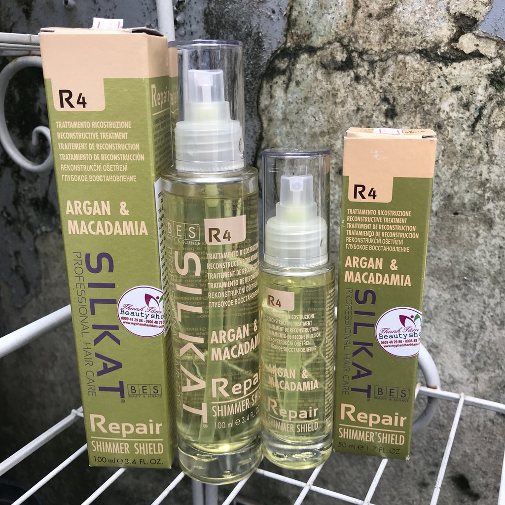 Tinh dầu xịt dưỡng Argan &amp; Macadamia Bes Hergen Silkat Repair R4 Shimmer Shield 100ml
