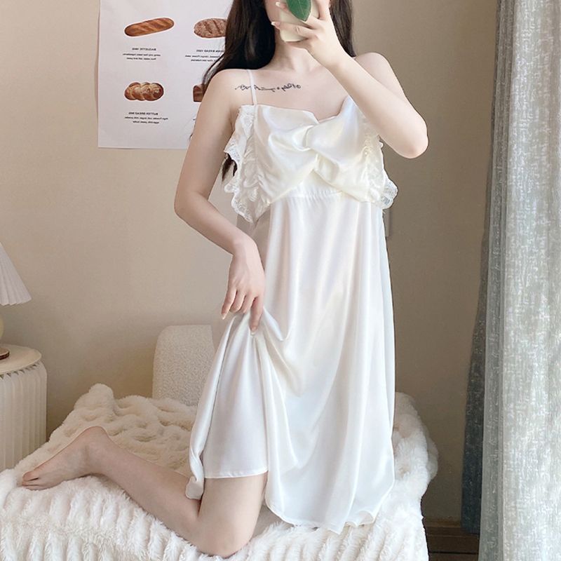 Đầm Ngủ Hai Dây Vải Lụa Mỏng Phối Ren Màu Trắng Ngọt Ngào Thời Trang Mùa Hè Hàng Mới 2022 Dành Cho Bạn Nữ