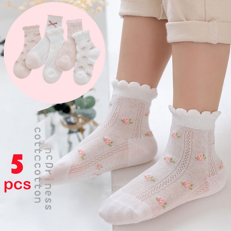 Set 5 đôi vớ cotton phối lưới mỏng thời trang mùa hè cho bé gái 1-11 tuổi