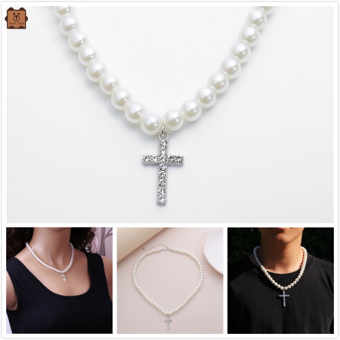 vòng cổ Choker Mặt Chữ Thập Đính Ngọc Trai Thời Trang Cho Nam Và Nữ