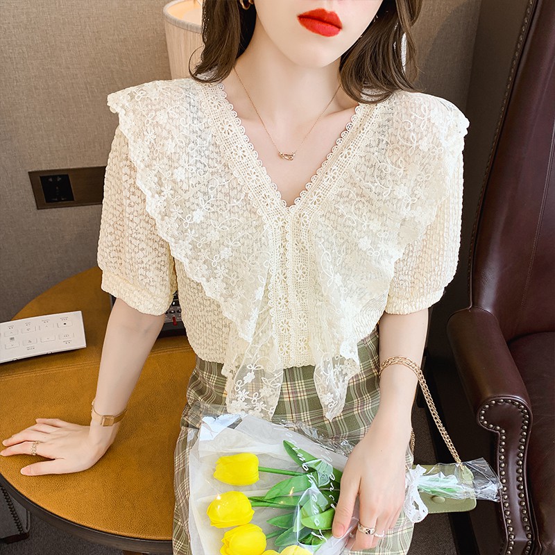 🌟Áo Kiểu Tay Ngắn Cổ Chữ v Phối Ren Mỏng 2021 Phong Cách | BigBuy360 - bigbuy360.vn