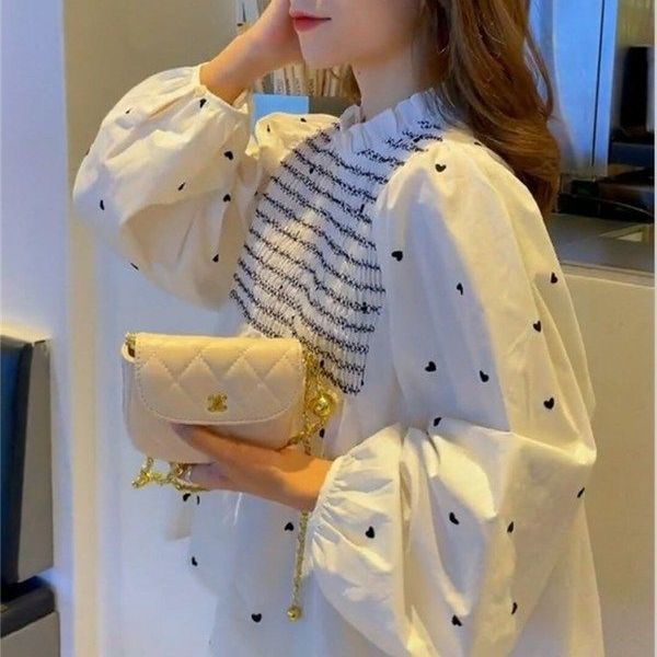 Áo Sơ Mi Tay Phồng Xếp Ly Dáng Rộng In Họa Tiết Trái Tim Xinh Xắn Thời Trang Cho Nữ