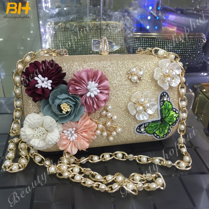 Ví Cầm Tay Ba Chiều Bằng Vải Satin Đính Hoa Ngọc Trai Kim Cương Ba Chiều Mới Dành Cho Bạn Nữ Dự Tiệc Tối