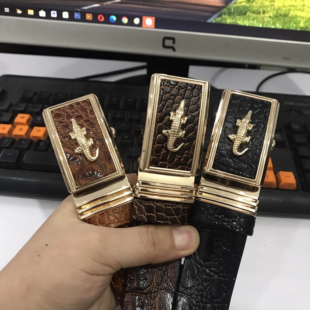 Dây Nịt Nam Da Bò Nguyên Miếng 1 Lớp Dập Vân Cá Sấu Mặt Khóa Tăng Tự Động Màu Gold