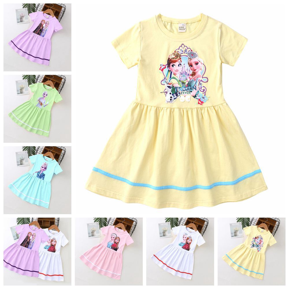 3-10Yrs Girls Print Cotton Princess Dress Sequin Summer Cartoon Elsa Short Sleeve Dress Bling Bling Kids Frozen Clothing